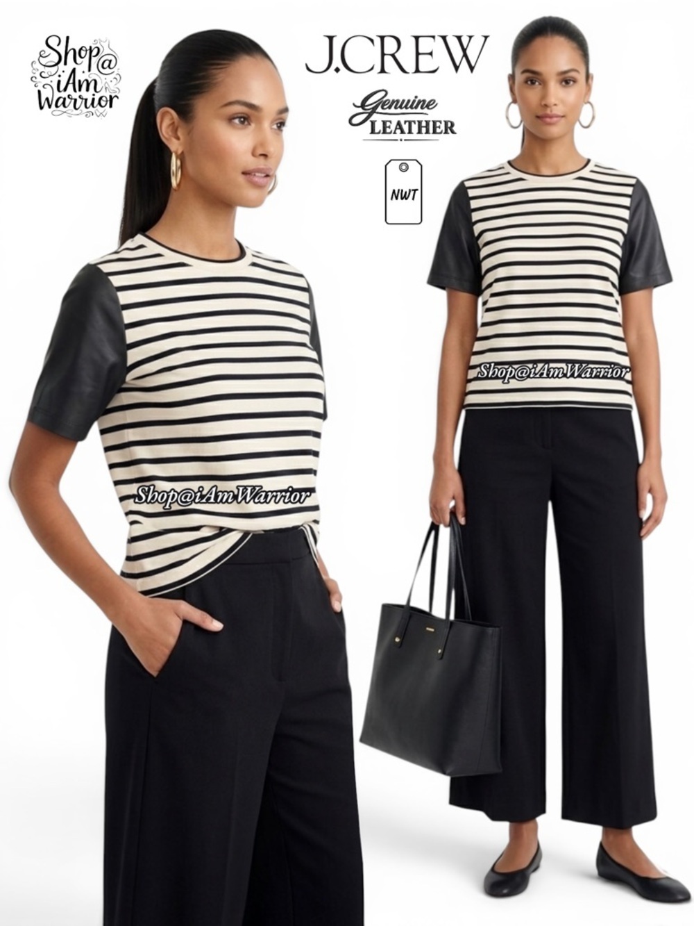J.Crew NWT genuine leather sleeve cream/black striped top *shop@iamwarrior